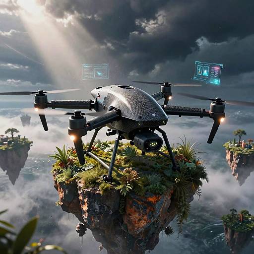 Photorealistic CGI of a sleek, black drone hovering above a lush, floating island in a cloudy, futuristic sky. Digital holographic screens float nearby