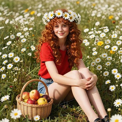 Ginger Girl Sitting in Daisy Field