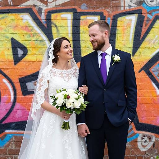 Photograph of smiling bride in white lace dress and veil, holding bouquet, and groom in black suit with purple tie, standing against vibrant graffiti-covered brick