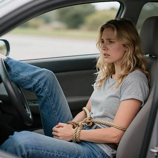 Distressed Woman in Car with Rope