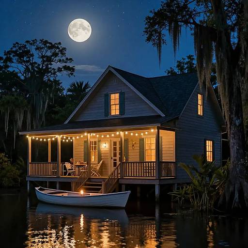 Photograph of a wooden lakehouse at night, illuminated by string lights, with a full moon overhead, a white boat docked in front, and