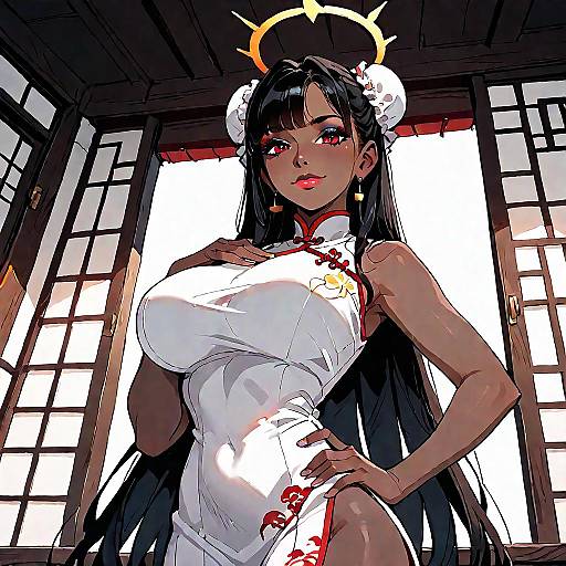 Anime Style Dark Skinned Woman in China Dress