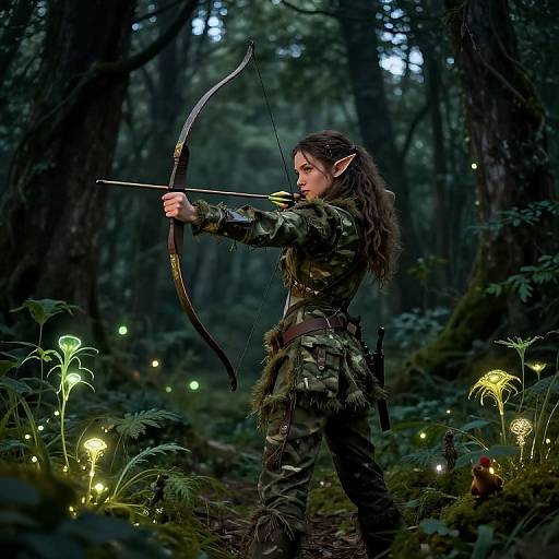 Photograph of an elf archer in a dark forest, wearing camouflage attire, drawing a bow, surrounded by glowing mushrooms and bioluminescent plants