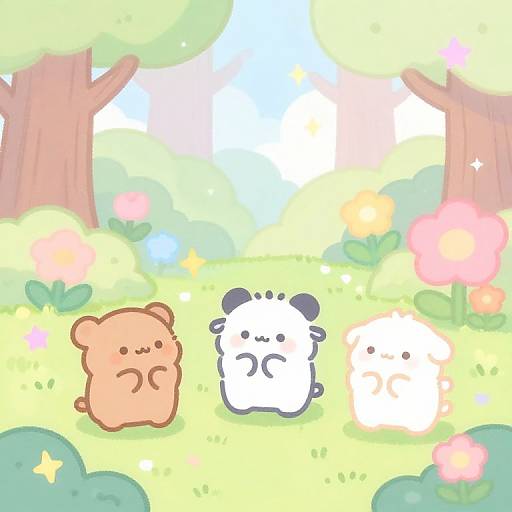 Cute digital drawing of three chibi bears in a sunny, colorful forest; two white, one brown, with happy expressions, surrounded by flowers and