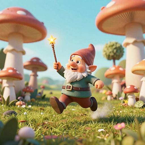 Flying Gnome in Magical Mushroom Garden