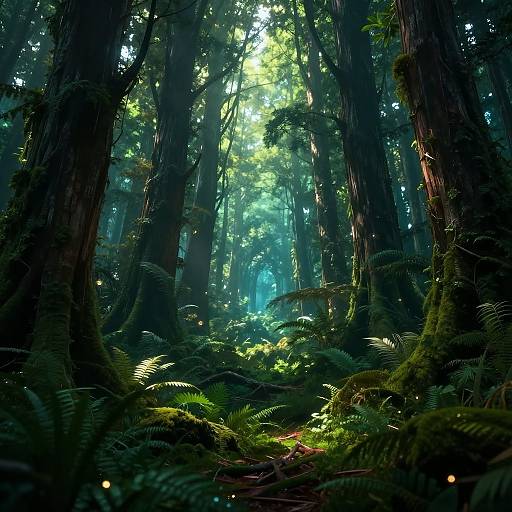 Photorealistic digital artwork of a dense, sunlit forest with towering trees, lush green ferns, and a mystical blue glow in the background.