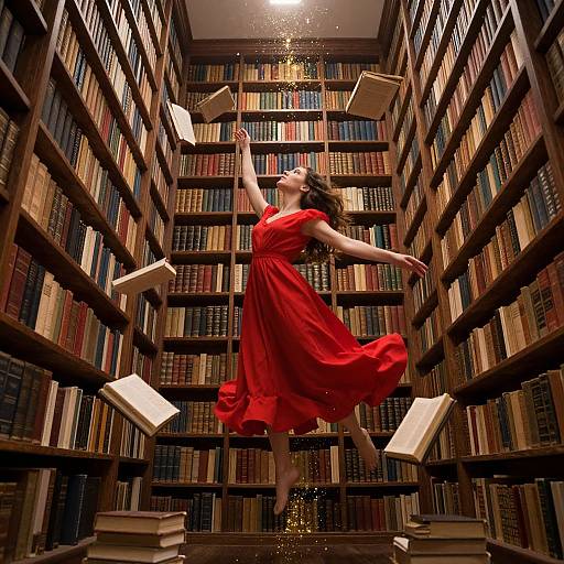 Photograph: Dancing woman in red dress, books floating around, surrounded by towering bookshelves in a dimly lit library.
