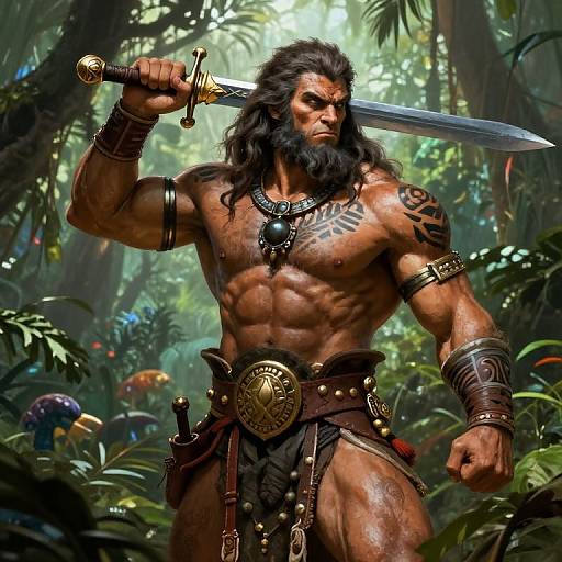 Muscular, bearded warrior with black tattoo, holding sword in dense jungle. Wearing leather armor, necklace, and belt with gold buckle. CGI