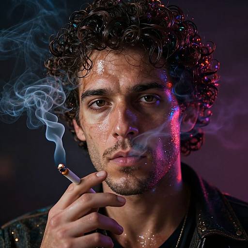 Photograph of a curly-haired, dark-skinned man with glistening skin, holding a lit cigarette, surrounded by blue and red smoke, against a