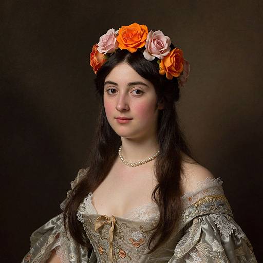 Photograph of a young woman with long dark hair, wearing an orange and pink flower crown, off-shoulder silver dress with intricate patterns, and