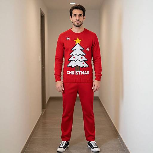 Photograph of a man with short dark hair, beard, and neutral expression, standing in a white hallway wearing a red Christmas sweater and pants, black