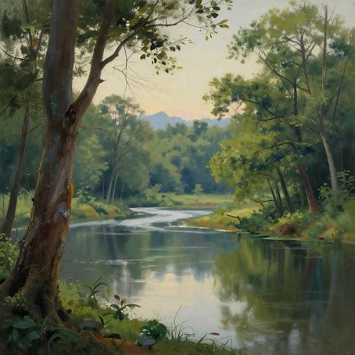 Photorealistic painting of a serene forest river, with calm water reflecting lush green trees and a gentle sunset sky.