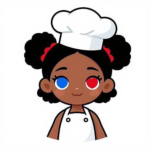 Cartoon of dark-skinned girl with black puffy hair, heterochromatic eyes (blue and red), wearing white chef hat and uniform, smiling