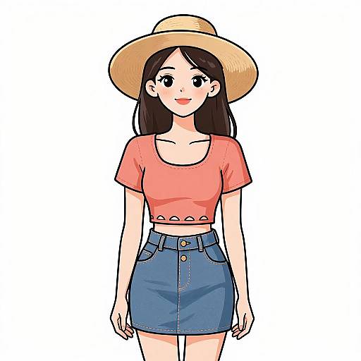 Digital anime-style drawing of a smiling young woman with long black hair, wearing a tan sunhat, pink crop top, and blue denim skirt.