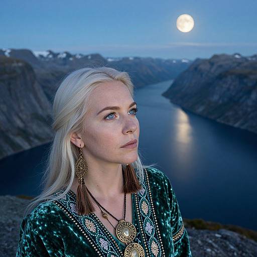 Photograph of a blonde woman with fair skin, wearing intricate jewelry and a green patterned shirt, gazing at a full moon over a serene,