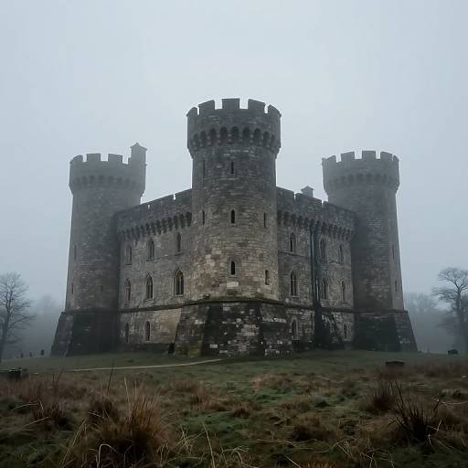 Photograph of a foggy, medieval stone castle with three tall, crenellated towers, set on a grassy, overgrown field.