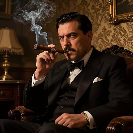 Photograph of a suave, dark-haired man in a black tuxedo, smoking a cigar, with blue smoke curling upward, in a