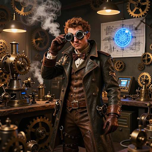 Steampunk Inventor in Cluttered Workshop