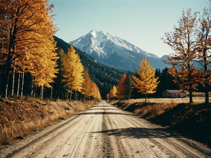 Scenic Fall Road with Majestic Mountains