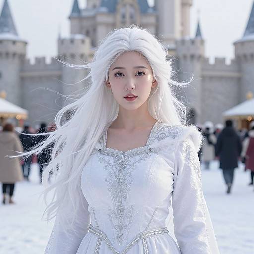 Photograph of a young Asian woman with long white hair, wearing an ornate white dress, standing in front of a snowy castle, with blurred people