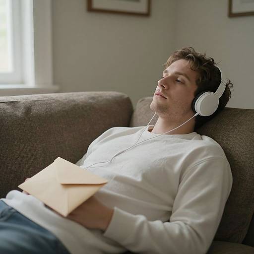 Photograph of a young man with curly brown hair, white sweatshirt, and headphones, reclining on a brown couch, holding a book, listening