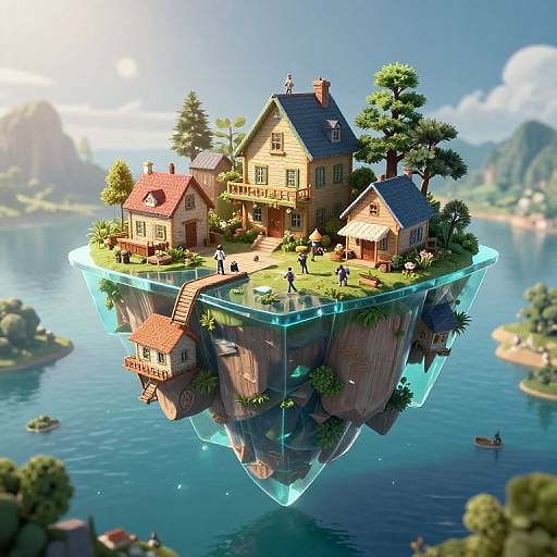 CGI fantasy scene: floating village with colorful, detailed houses, greenery, and people, hovering above a serene blue lake, surrounded by lush mountains