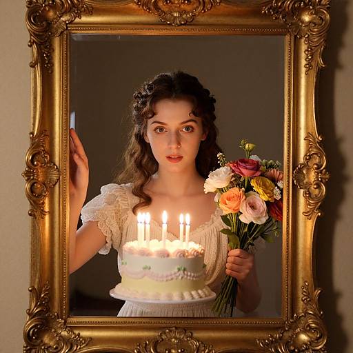 Photograph of a young woman with wavy brown hair, wearing a white lace dress, holding a bouquet of flowers and a candlelit cake, reflected