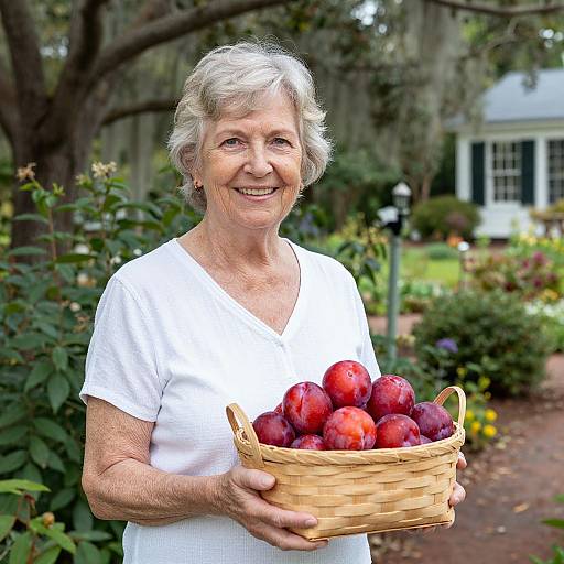 Senior Woman Smiling with Plums