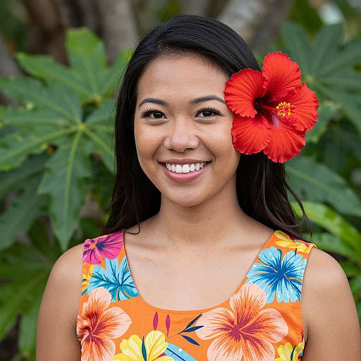 Photograph of a smiling young woman with long black hair, wearing an orange floral dress, adorned with a large red hibiscus flower in her