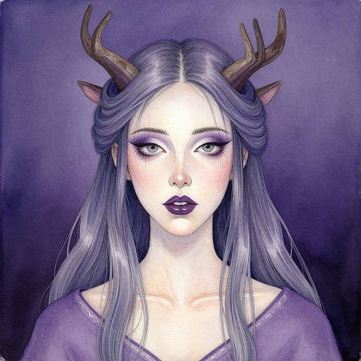 Digital painting of a pale-skinned woman with long, silver hair, purple lipstick, and antlers, wearing a purple top, against a dark purple