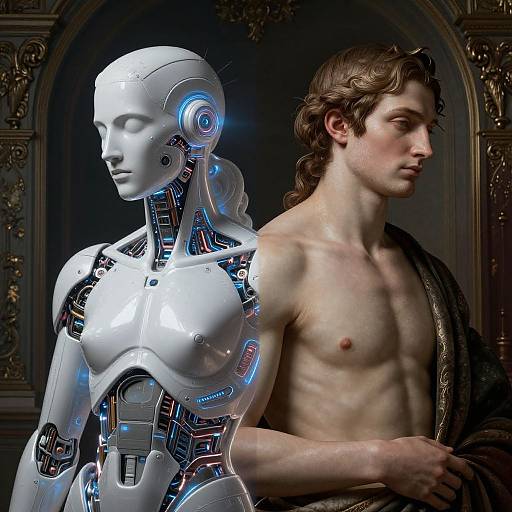 Photorealistic CGI of a shirtless, muscular young man with wavy brown hair standing beside a glowing, robotic female figure with blue lights, against