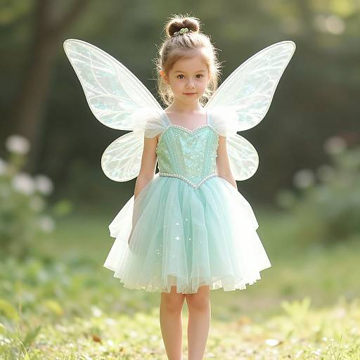 Photograph of a young girl with light skin, brown hair in a bun, wearing a sparkling light blue fairy dress and translucent wings, standing in a
