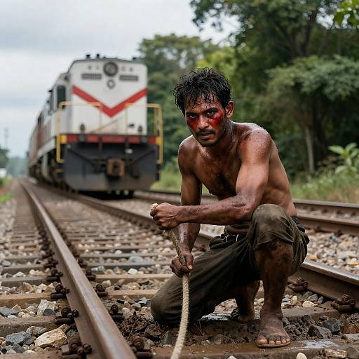 Red-Faced Man Kneeling on Muddy Tracks