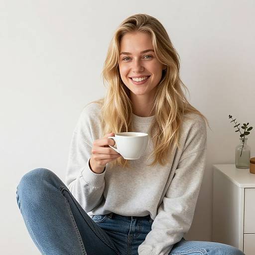 Blonde Girl with Coffee in Cozy Decor