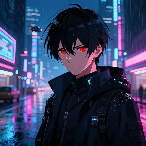 Anime-style digital drawing of a serious, black-haired, red-eyed young man in a wet, neon-lit urban street at night, wearing a black