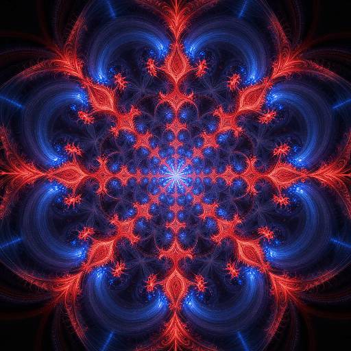 Digital fractal artwork featuring a vibrant, symmetrical pattern of glowing red and blue filaments against a dark blue-black background.