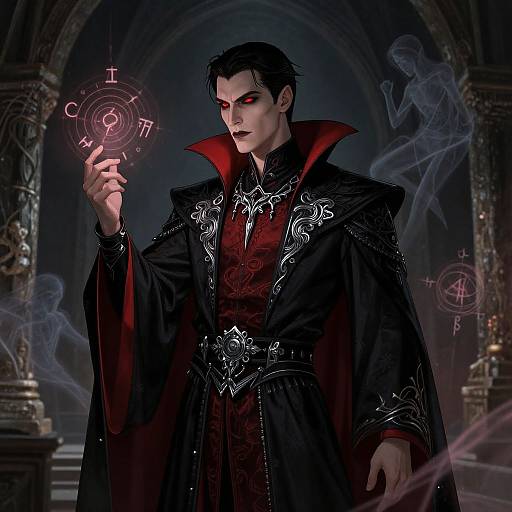 Digital artwork of a dark-haired, pale-skinned male wizard with red eyes, wearing an ornate black and red robe, casting a spell in a