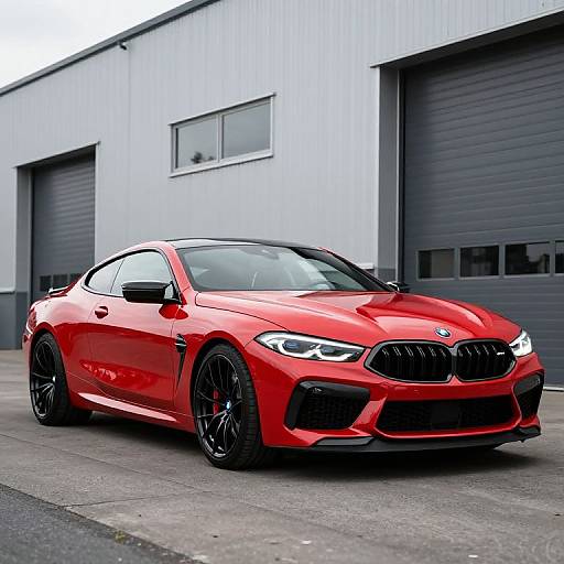 Photograph of a vibrant red BMW coupe with black wheels parked in front of a modern industrial building with gray doors.