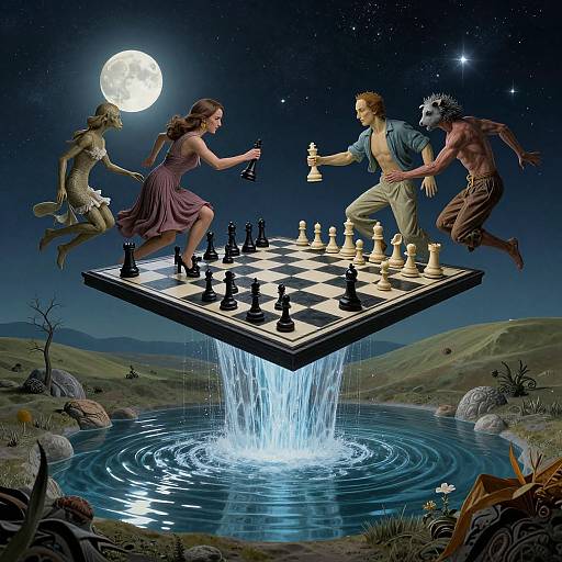 Fantasy illustration of four mythological figures, two men and two creatures, playing chess on a floating board over a moonlit lake.