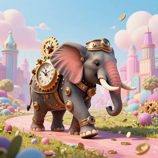 CGI image of a steampunk elephant adorned with clock gears, jewels, and a golden crown, standing in a colorful, whimsical park with