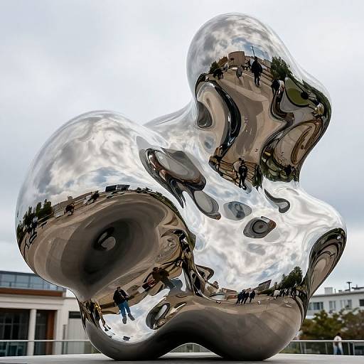 Photograph of a reflective, abstract, metallic sculpture with swirling shapes, reflecting people and a cloudy sky, set outdoors near modern buildings.