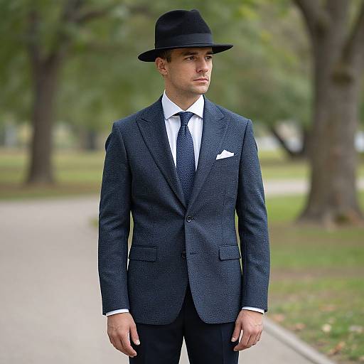 Photograph of a young white man in a dark blue patterned suit, white shirt, black tie, and black fedora, standing on a park