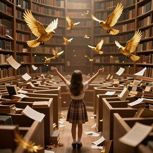 Photograph of a girl with long brown hair, in a plaid skirt, arms raised, surrounded by flying golden birds in a library with books and