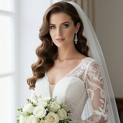 Photograph of a beautiful bride with wavy brown hair, blue eyes, wearing a white lace wedding dress and veil, holding a bouquet of white roses