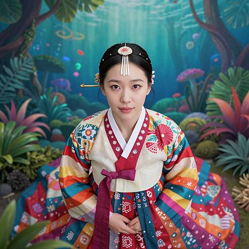 Digital artwork of an Asian woman in a vibrant, multicolored kimono with floral patterns, standing underwater in a lush, colorful coral reef.