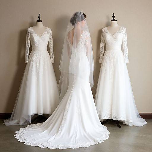 Photograph of three white lace wedding dresses on mannequins, featuring long sleeves, V-necks, and flowing skirts, with one displaying a