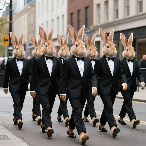 Photograph of six anthropomorphic rabbits in black tuxedos, walking in a line on a city street, with blurred buildings in the background.