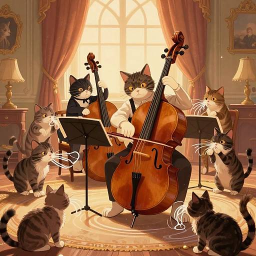 Illustration of anthropomorphic cats playing violin and cello in an elegant, sunlit room with ornate curtains and lamps. Cats sit and stand around