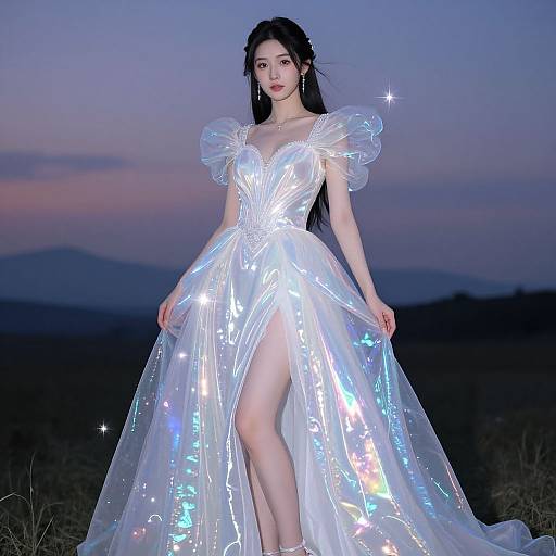 Photograph of a young Asian woman in a glowing, iridescent white ball gown with puffed sleeves, standing in a dark twilight landscape.