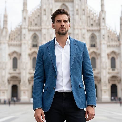 Photograph of a handsome man with short dark hair and beard, wearing a blue blazer, white shirt, and black pants, standing in front of